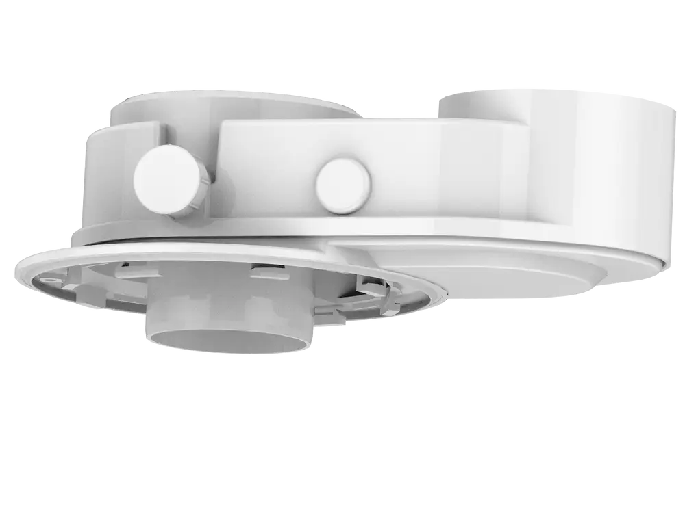 Weißer Abgasadapter von Brötje, mit runder Basis und zwei frontalen Tasten. Es handelt sich um ein kompaktes, funktionales Bauteil.