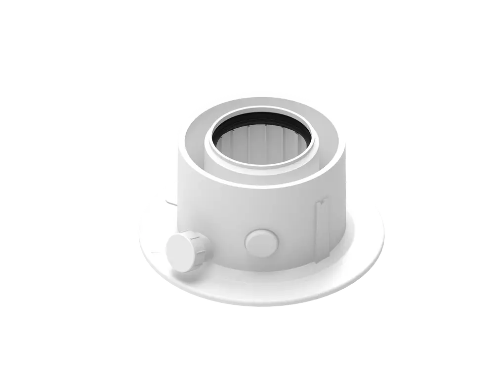 Weißes Abgassammler-Set von Brötje, zylindrische Form mit montiertem Flansch und Anschlussmöglichkeiten. Sichtbare Struktur im Innenbereich.