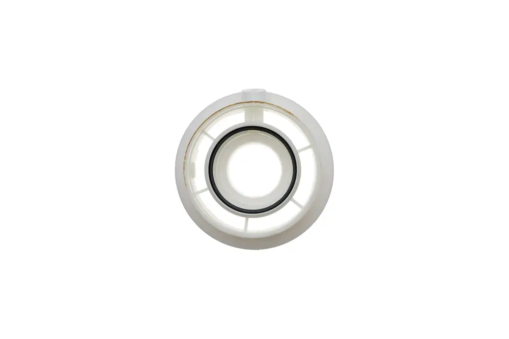 Abgasadapter von Brötje, mit einem runden, transparenten Gehäuse und einem zentralen schwarzen Dichtungsring, designed für Luft- oder Abgassysteme.