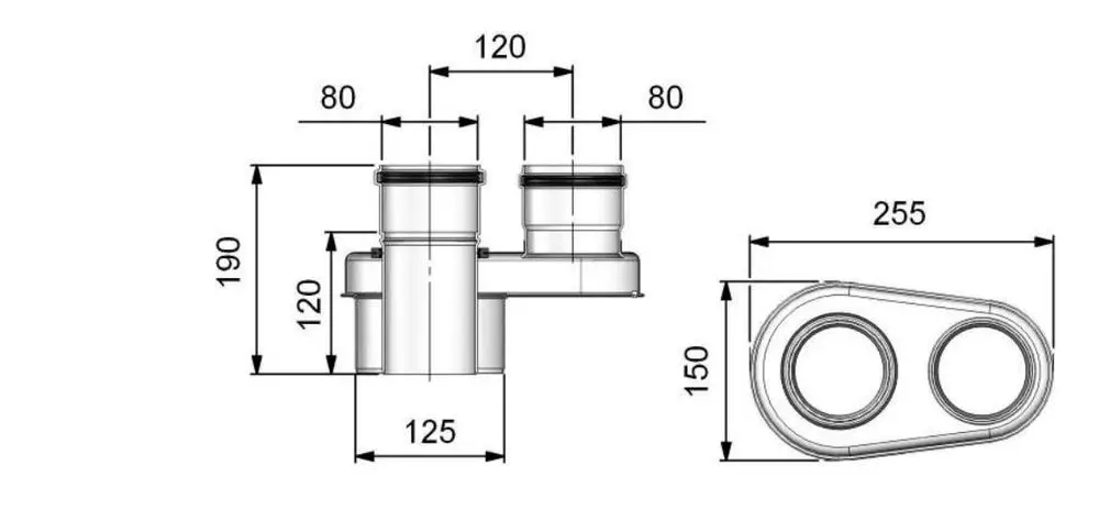 Brötje Adapter für die getrennte Verbrennungsluftzuführung, mit zwei Anschlussstutzen und einer rechteckigen Basis, dargestellte Maße und Details sind sichtbar.