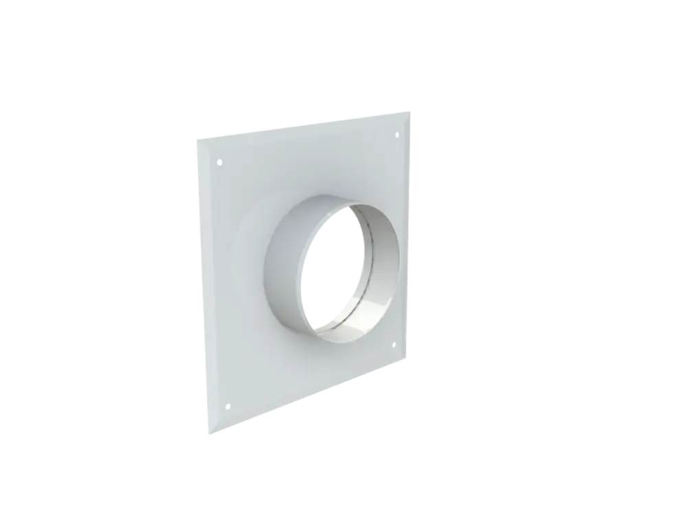 Schornsteinanschluss mit runder Öffnung und flacher Rückwand. Weißes Design, geeignet für die Verwendung in Heizsystemen von Brötje.