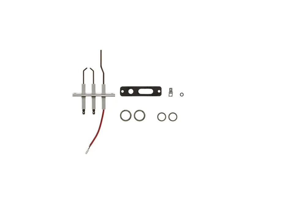 Brötje Zünd- und Ionisationseinheit bestehend aus mehreren Bauteilen, darunter Zündelektroden, elektrische Kabel und Befestigungselemente auf neutralem Hintergrund.