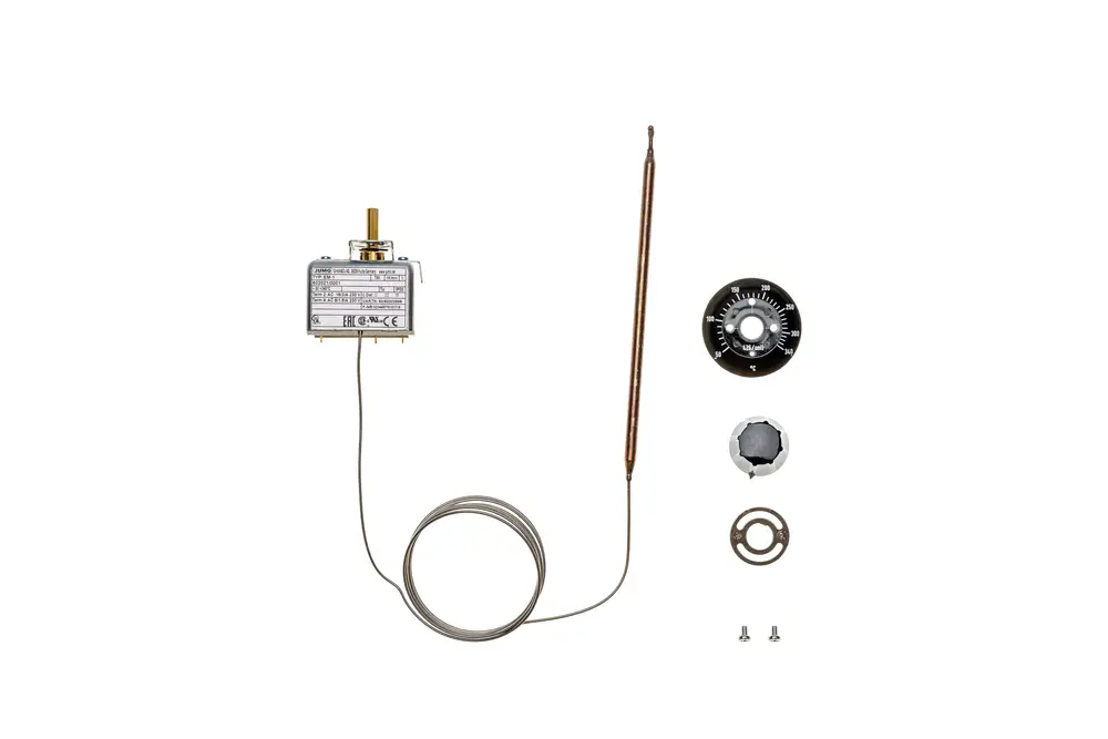 Brötje Abgasthermostat mit verschiedenen Einzelteilen wie Temperatursensor, Reglerknopf und Befestigungselementen auf hellem Hintergrund.