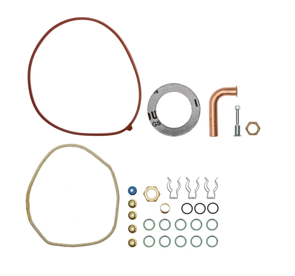 Bausatz mit verschiedenen Dichtungen, Ringen und Rohren, geeignet für die Montage eines Abgasanschlusses, speziell für Brötje Heizsysteme.