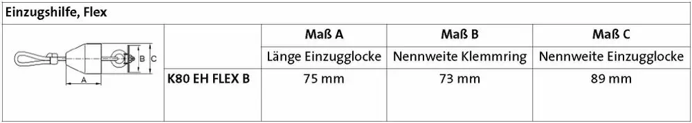 Flexibles Einzugsgerät von Brötje mit einer gekrümmten Form, das im Bild detaillierte Maße für Länge und Durchmesser anzeigt. Technische Zeichnung mit Maßangaben.