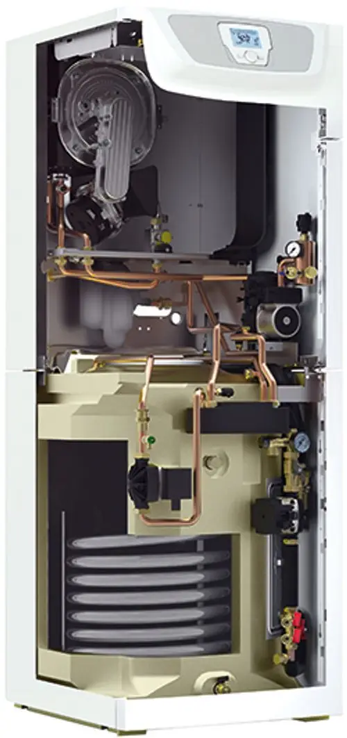 Gas-Brennwertzentrum von Brötje, offen mit sichtbaren Rohren, Leitungen und technischen Komponenten. Es handelt sich um ein kompaktes Modell zur Wärme- und Energieerzeugung.