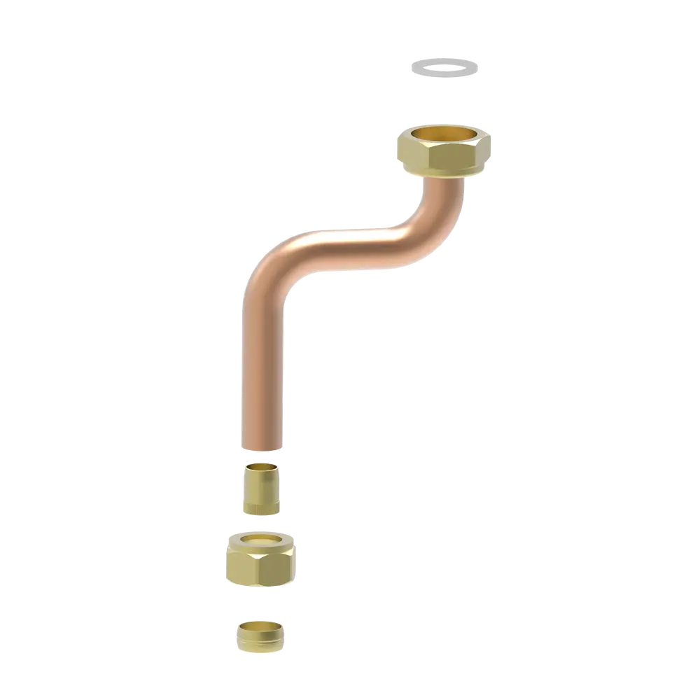 Kupferrohr mit gebogenem Verlauf und verschiedenen Anschlussstücken. Komponenten umfassen Unterlegscheibe, Muttern und Hülsen. Verwendung in Brötje Gasinstallationen möglich.