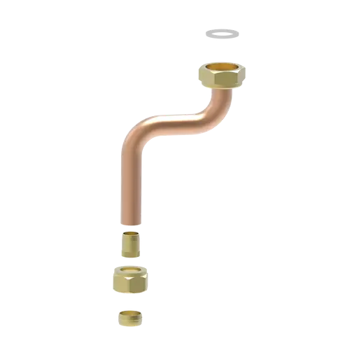 Kupferrohr mit gebogenem Verlauf und verschiedenen Anschlussstücken. Komponenten umfassen Unterlegscheibe, Muttern und Hülsen. Verwendung in Brötje Gasinstallationen möglich.