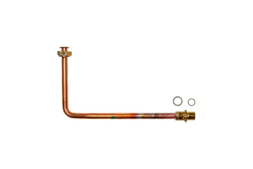 Kupferrohr mit gebogenem Ende und Anschlussstücken, umgeben von zwei Dichtungen. Teil des Brötje Gasanschluss-Systems.
