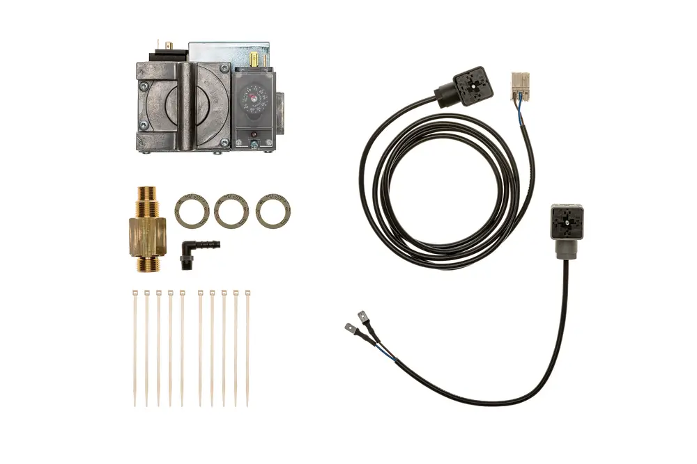 Gasmagnetventil der Marke Brötje, bestehend aus einem Ventil, Verbindungsteilen und Kabeln, für Gasinstallationen und Steuerungsanwendungen.