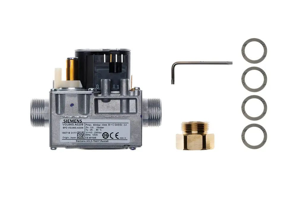 Gasventil der Marke Brötje, mit einem Adapter und einem Sechskant-Schraubeneinsatz. Zubehör umfasst eine Inbusschlüssel und mehrere Dichtungen.