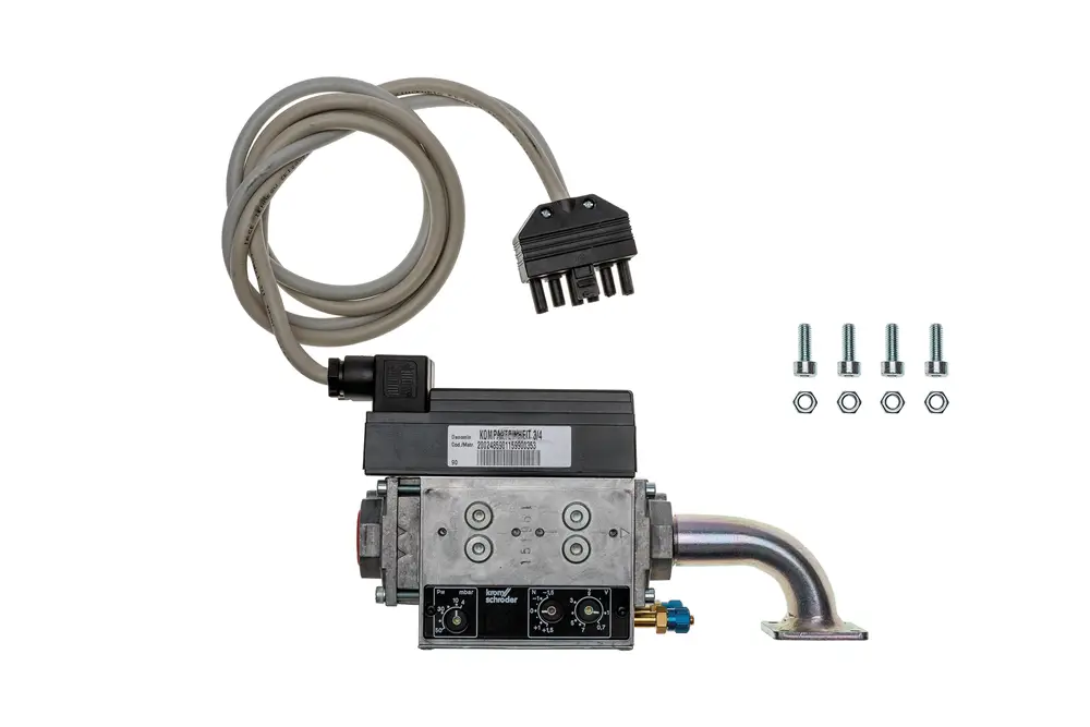 Brötje Gasventil mit einem Montageanschluss, Kabel und einer elektrischen Steckverbindung, sowie vier Befestigungsschrauben und -muttern.