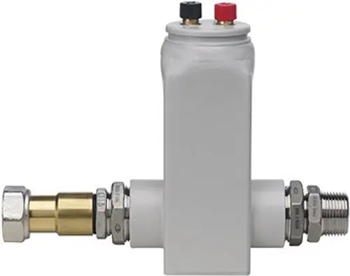 Brötje Entgasungsset mit einem kompakten Design, ausgestattet mit Anschluss für Rohrleitungen und elektrischen Kontakten. Gezeigt wird das Gerät in seitlicher Ansicht.