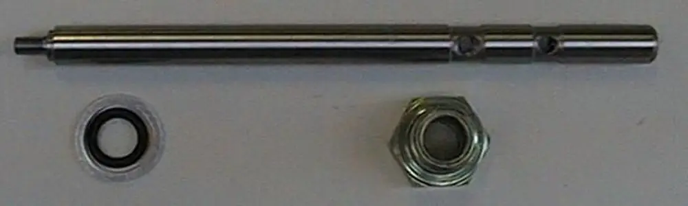 Edelstahl-Spindel mit zwei seitlichen Bohrungen, einem O-Ring und einer Sechskantmutter, geeignet für Anwendungen wie bei Brötje-Gasdrosseln.