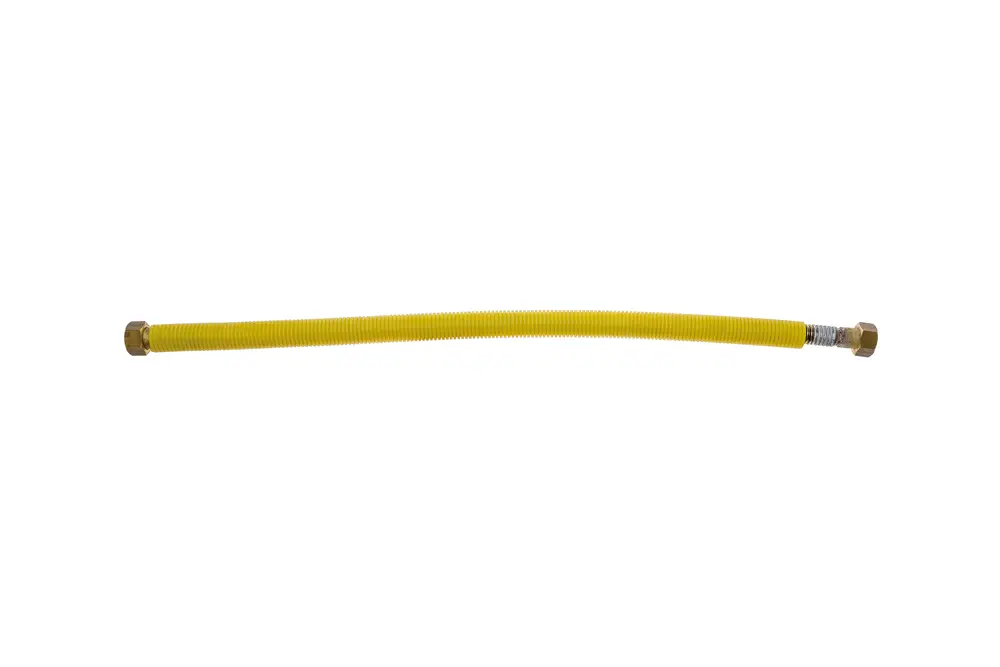 Gelber flexibler Verbindungsschlauch mit Metallanschlüssen, geeignet für Gasinstallationen, Hersteller Brötje.