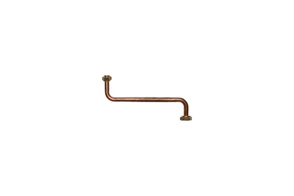 Kupferrohr mit zwei Anschlussfittings, das als Gasanschlussrohr dient. Hersteller ist Brötje.