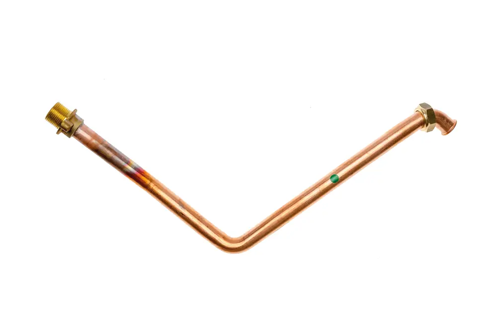 Kupferrohr mit zwei Messinganschlüssen, gebogen, zur Verwendung als Gas-Anschlussrohr. Produkt der Marke Brötje.
