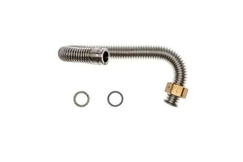Gasschlauch mit einer gebogenen Metallstruktur und zwei Vibrationsdichtungen, passend für Brötje Gasventile und Brenner.