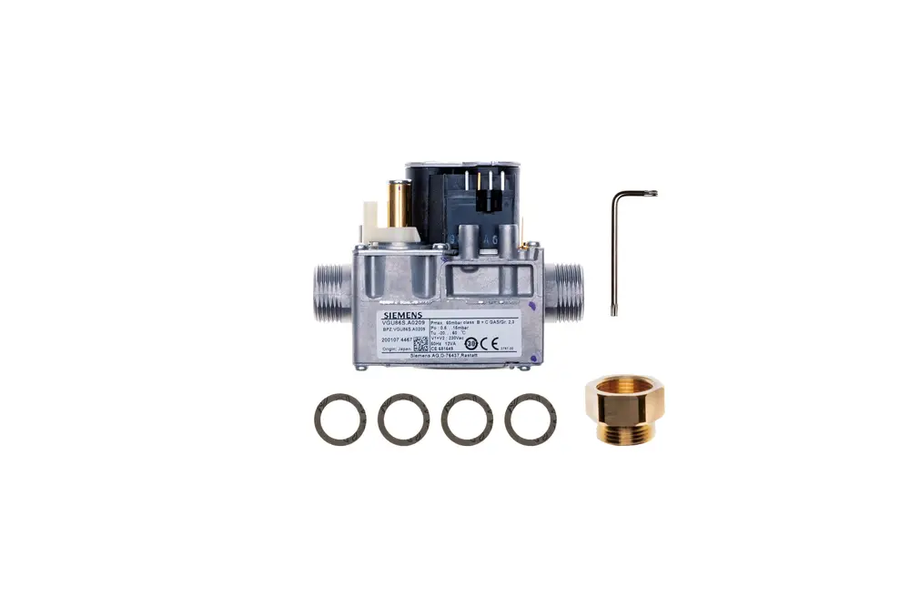 Brötje Gasventil mit zwei Anschlussrohren, einem Adapter, drei Dichtungen und einem Innensechskantschlüssel, in einer neutralen Darstellung auf hellem Hintergrund.