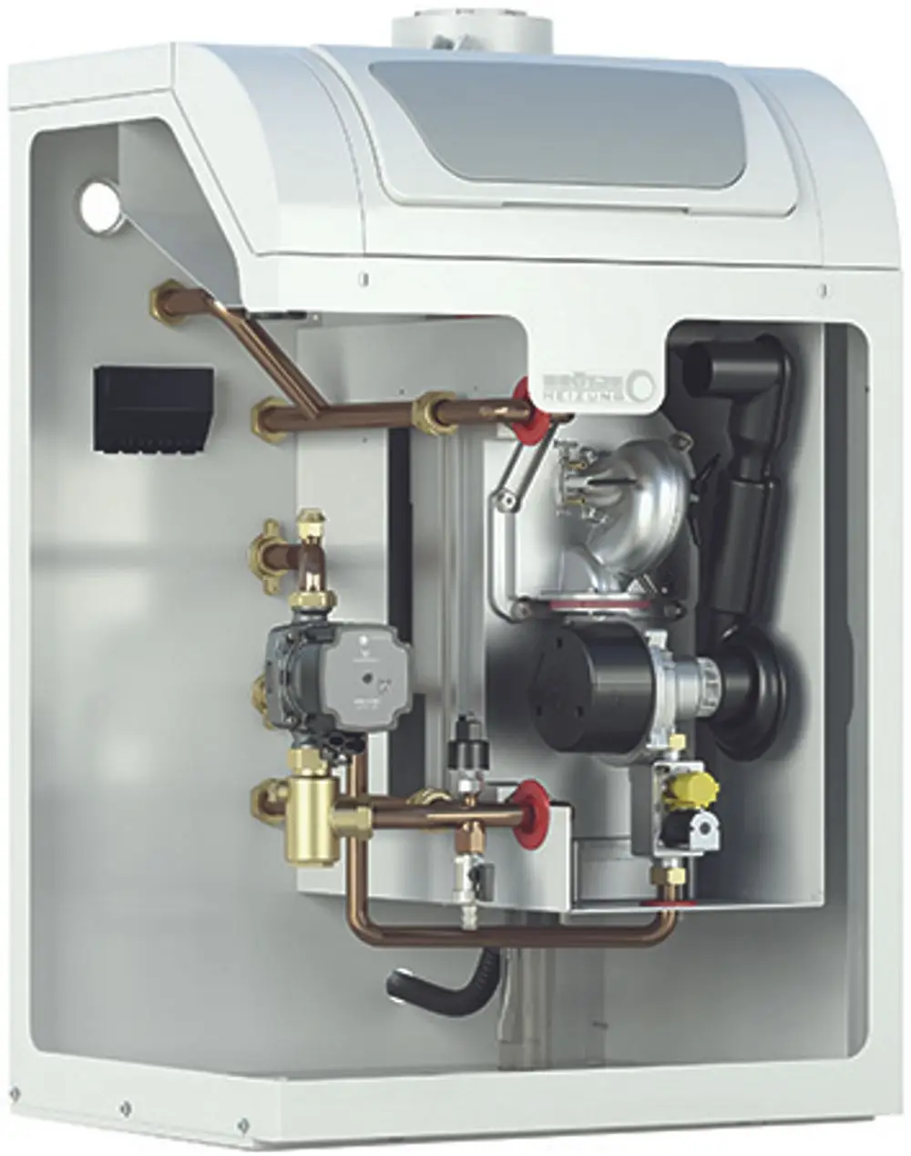 Gas-Brennwertkessel mit sichtbaren Rohrleitungen und Bauteilen. Die Bauweise zeigt Komponenten wie Pumpe, Ventile und Gasanschlüsse. Produkt von Brötje.