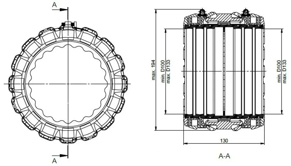 Technische Zeichnung einer Kraftschluss-Manschette von ATEC, mit seitlichem und oberem Schnitt, zeigt Details der Konstruktion und Dimensionen.