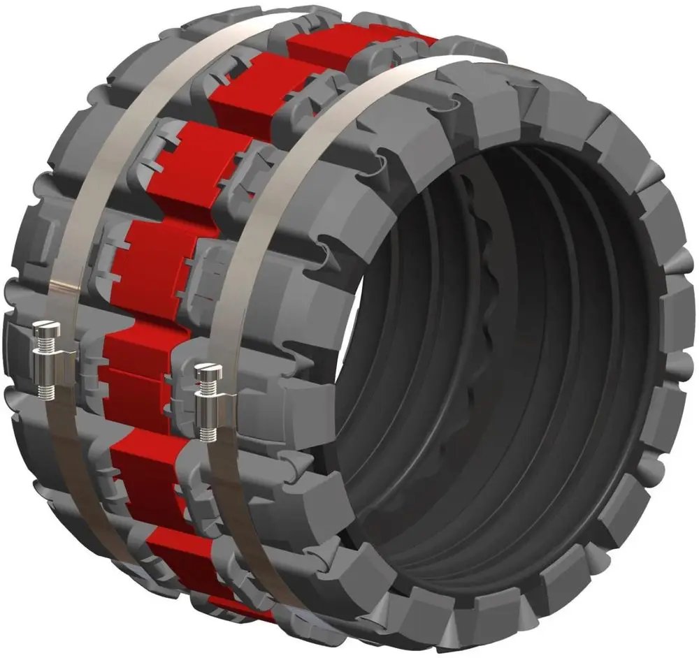 Kraftschluss-Manschette mit rotem und grauem Design und zwei Metallbändern von ATEC. Geeignet für verschiedene Anwendungen in der Verbindungs- und Abdichtungstechnik.