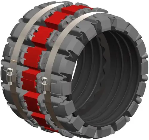 Kraftschluss-Manschette mit rotem und grauem Design und zwei Metallbändern von ATEC. Geeignet für verschiedene Anwendungen in der Verbindungs- und Abdichtungstechnik.