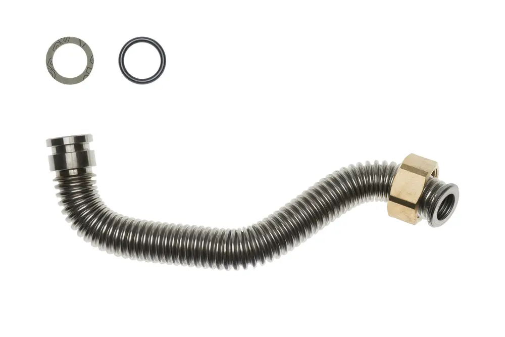 Gasanschlussschlauch mit gewelltem Metallkörper, einem Messinganschluss und zwei Dichtungen. Produkt von Brötje für Gasventil-Anwendung.