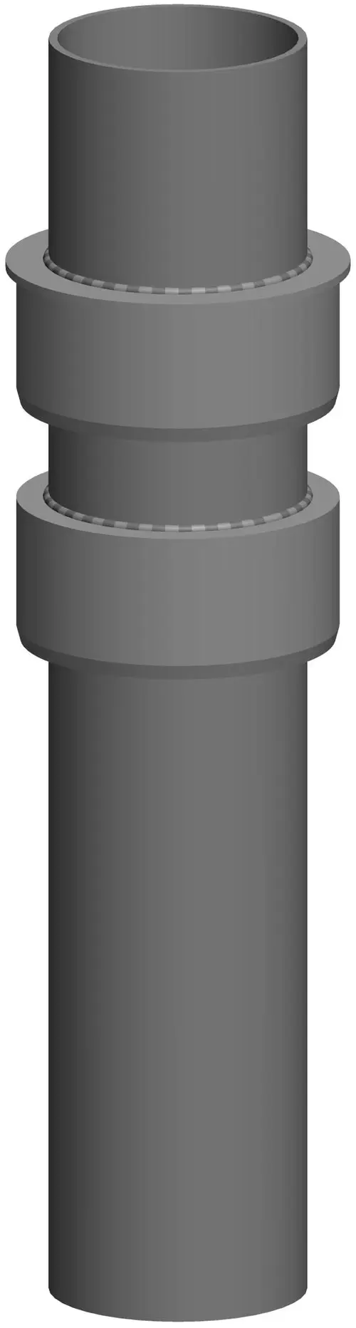 Mündungsschalldämpfer von ATEC, zylindrische Form mit zwei Verbindungsstellen, graue Oberfläche, geeignet für Rohrverbindungen im Bereich der Schalldämpfung.