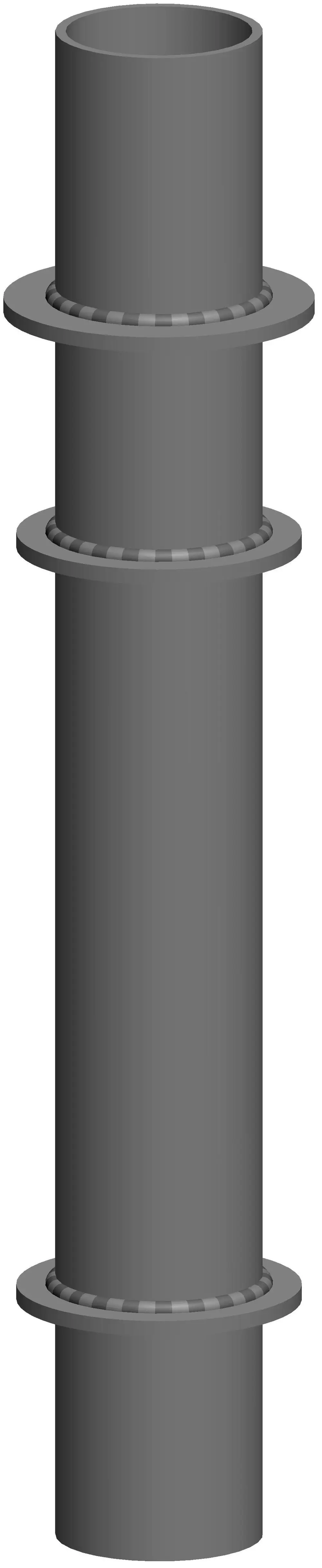 Grauer Mündungsschalldämpfer mit zwei horizontalen Ringen und flachen Flanschen, gefertigt von ATEC. Der Dämpfer hat eine zylindrische Form ohne eingezeichnete Maße.