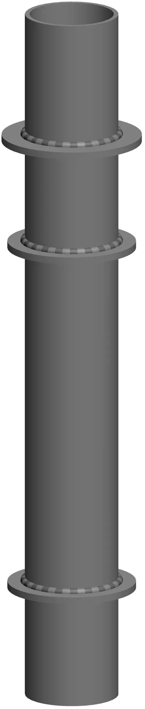 Grauer Mündungsschalldämpfer mit zwei horizontalen Ringen und flachen Flanschen, gefertigt von ATEC. Der Dämpfer hat eine zylindrische Form ohne eingezeichnete Maße.