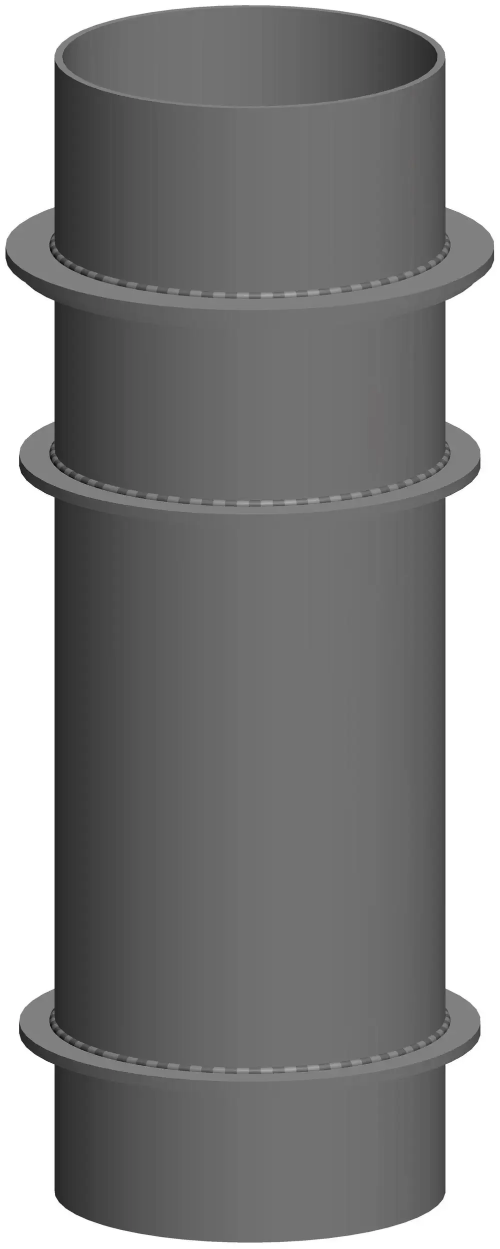 Grauer Mündungsschalldämpfer mit zwei flachen Rändern zur Verbindung an Rohren. Das Design deutet auf Verwendung im Bereich Akustik und Rohrsysteme hin. Marke: ATEC.