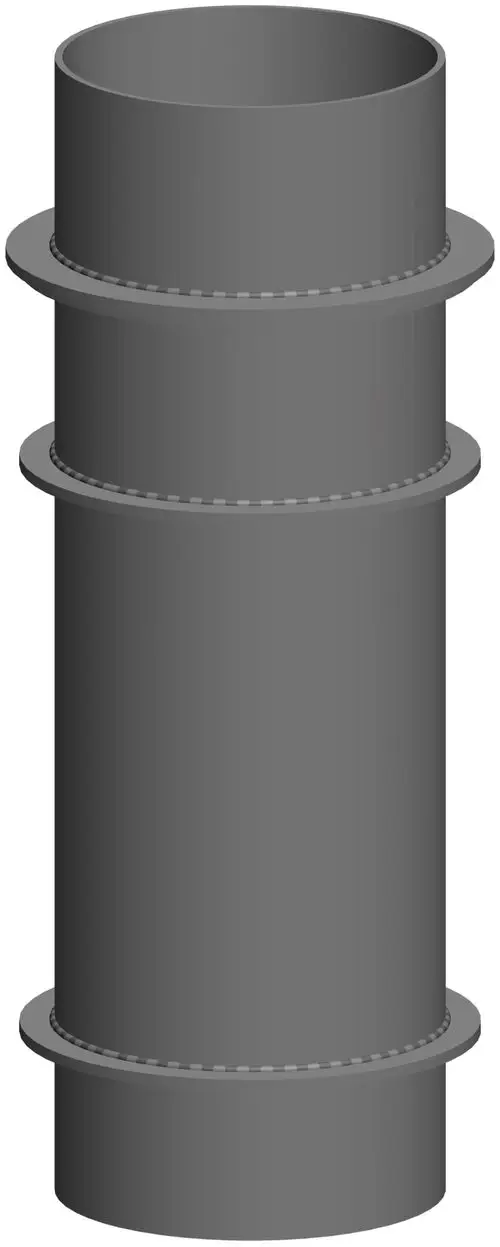 Grauer Mündungsschalldämpfer mit zwei flachen Rändern zur Verbindung an Rohren. Das Design deutet auf Verwendung im Bereich Akustik und Rohrsysteme hin. Marke: ATEC.