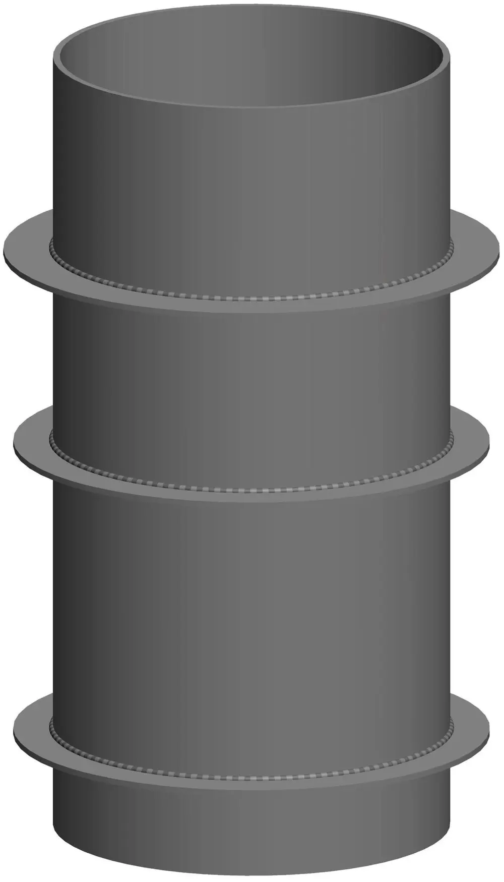Schalldämpfer von ATEC mit zylindrischer Form und mehreren Ringen. Das Material und die Oberfläche sind grau, für die Montage an entsprechenden Rohren geeignet.