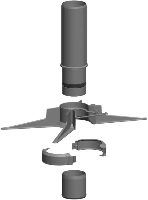 Montageset bestehend aus mehreren Bauteilen, darunter ein zylindrisches Element und Halterungen, geeignet für flexible Rohrinstallationen, Hersteller ATEC.