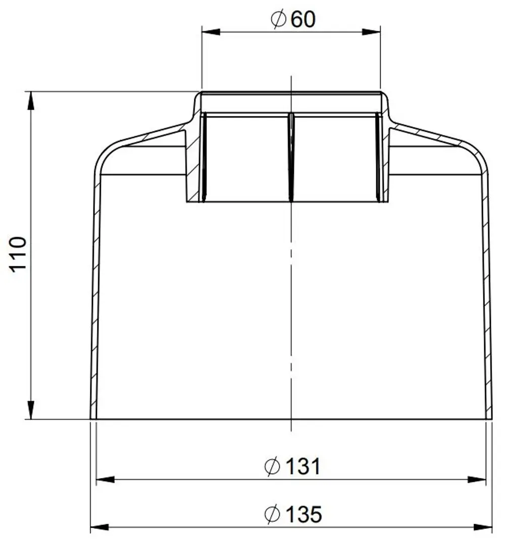 Schwarz lackierte Haube mit einem Durchmesser von 60 mm oben und 135 mm unten. Die Bauform ist trapezförmig mit einer Höhe von 110 mm. Hersteller ist ATEC.