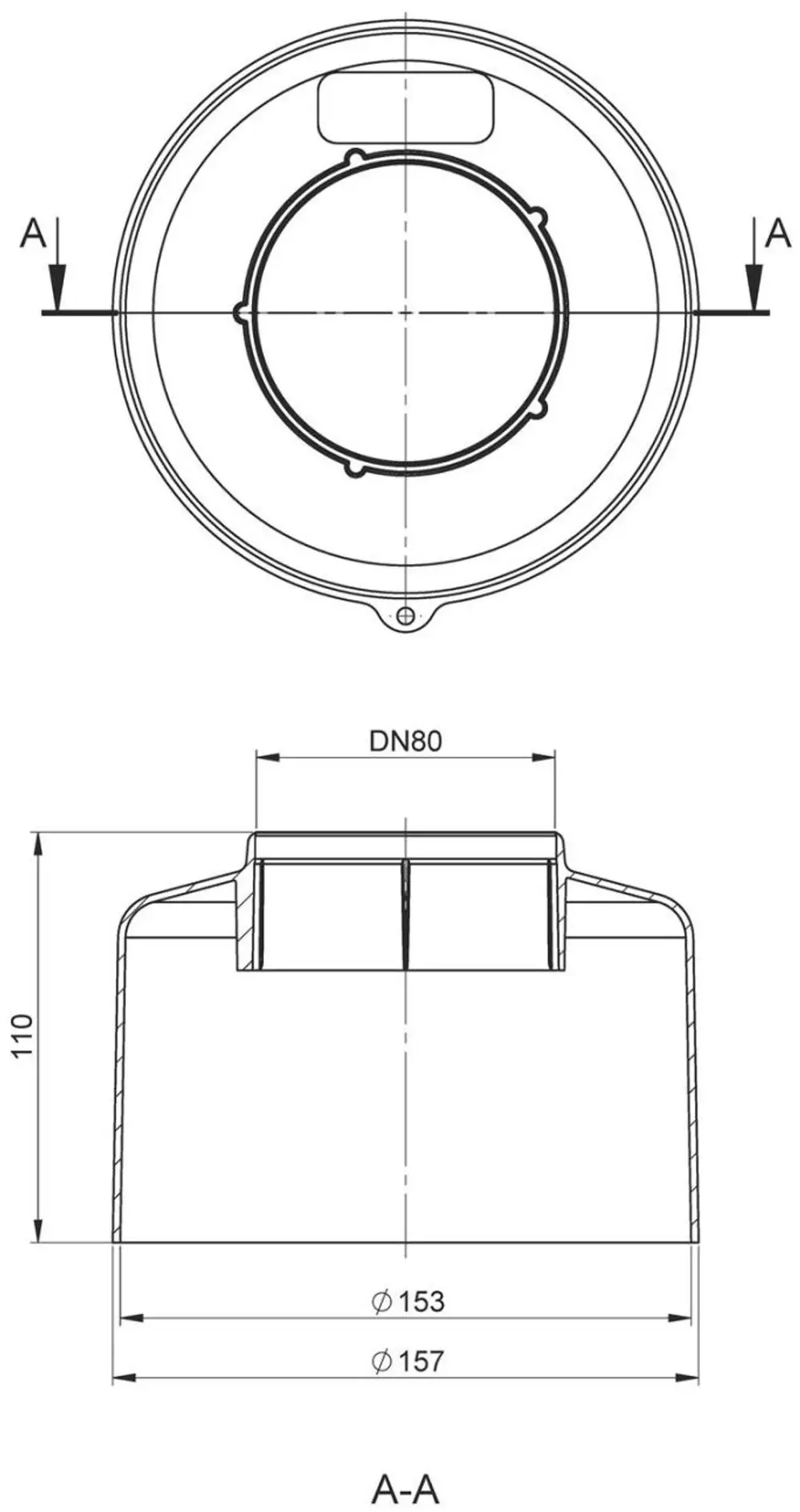 Technisches Zeichnungsdiagramm eines Bauelements, möglicherweise eines Haubentops von ATEC, mit Durchmessern und Abmessungen, klar und präzise dargestellt.