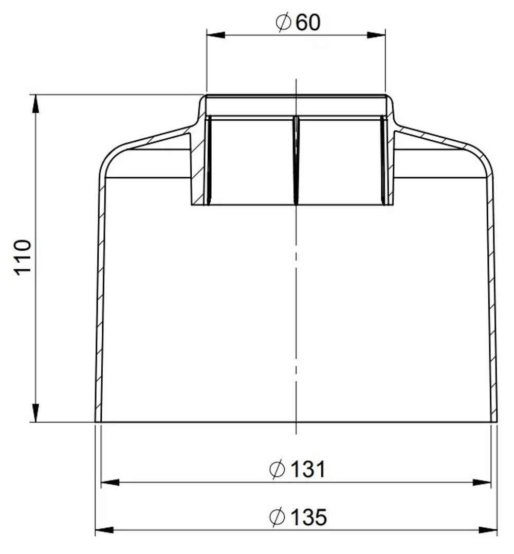 Schematische Darstellung eines Haubentops von ATEC mit ovalem Schnitt, verschiedenen Durchmessern und klaren Maßen.