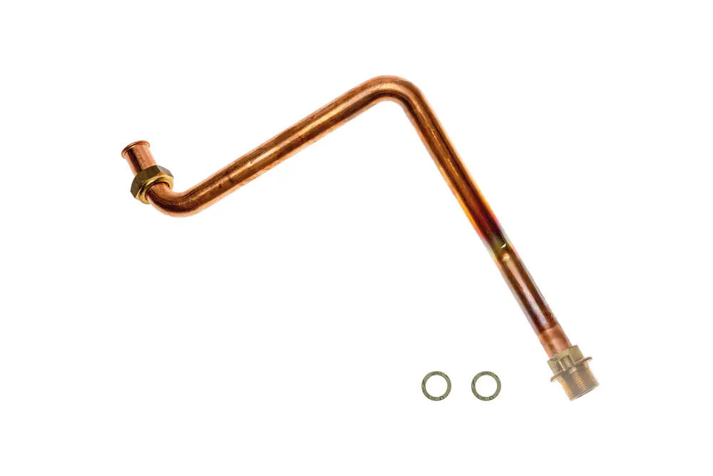 Gas-Anschlussrohr von Brötje in gebogenem Design aus Kupfer, mit zwei Dichtungsringen und einer Mutter an einem Ende.