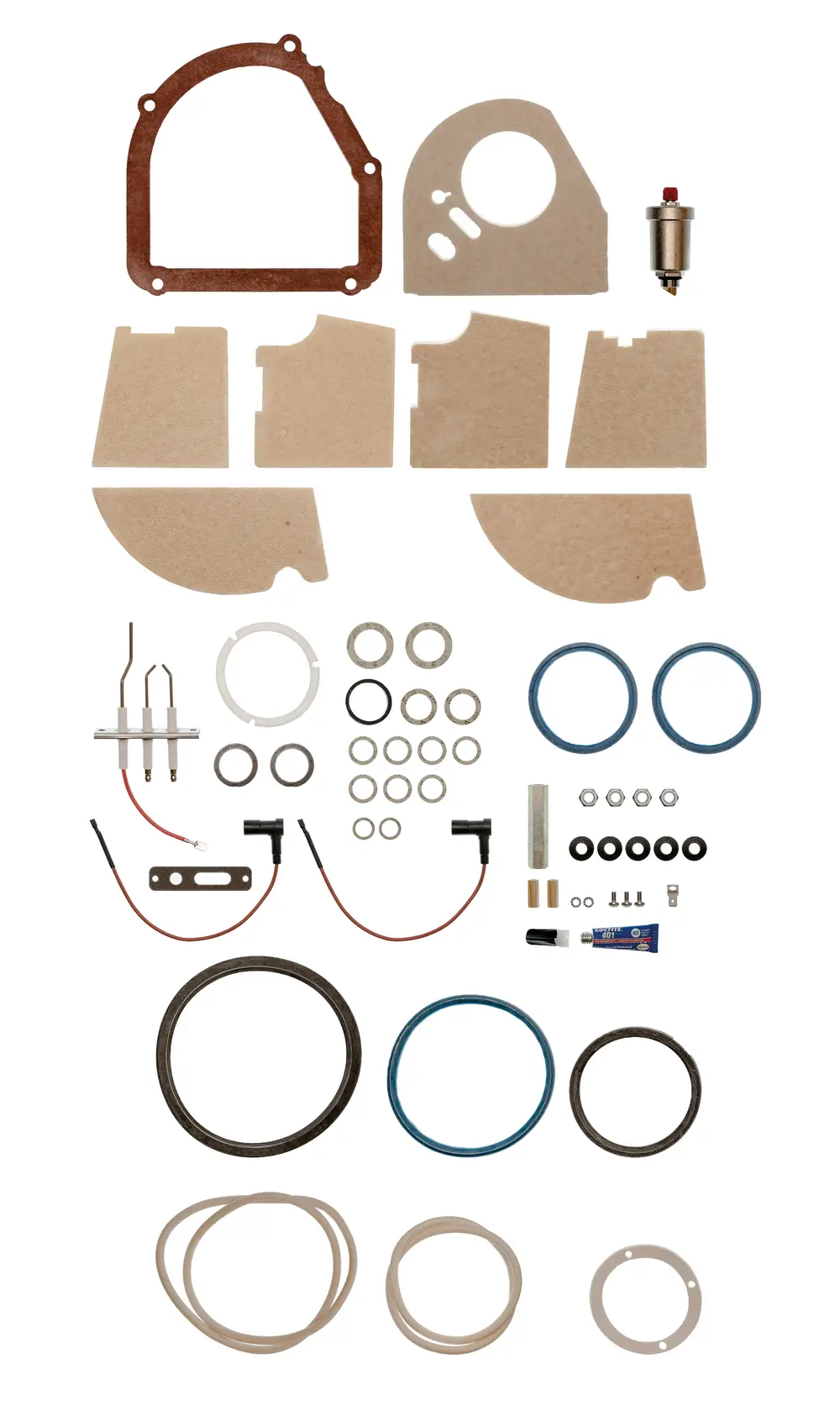 Brötje Wartungsset mit verschiedenen Dichtungen, Gasket, O-Ringen und einem Bauteil, verteilt auf einer weißen Fläche.