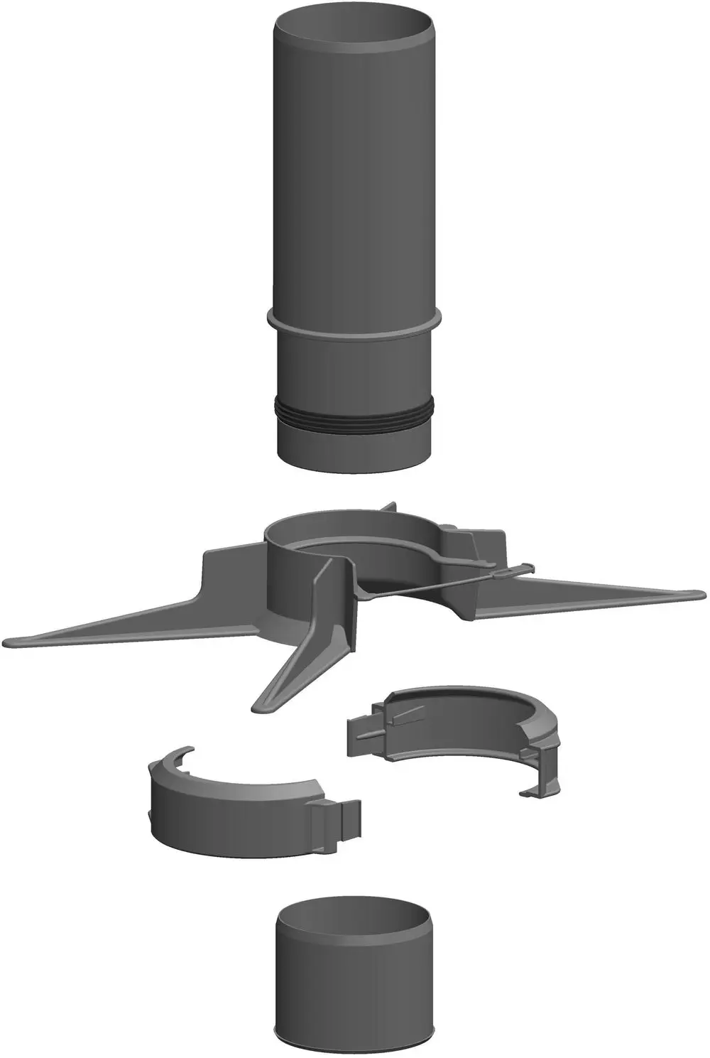 Montageset bestehend aus mehreren Komponenten für flexible Rohre, hergestellt von ATEC. Teile umfassen eine Zuleitung, eine Halterung und verschiedene Aufsätze zur Verbindung.