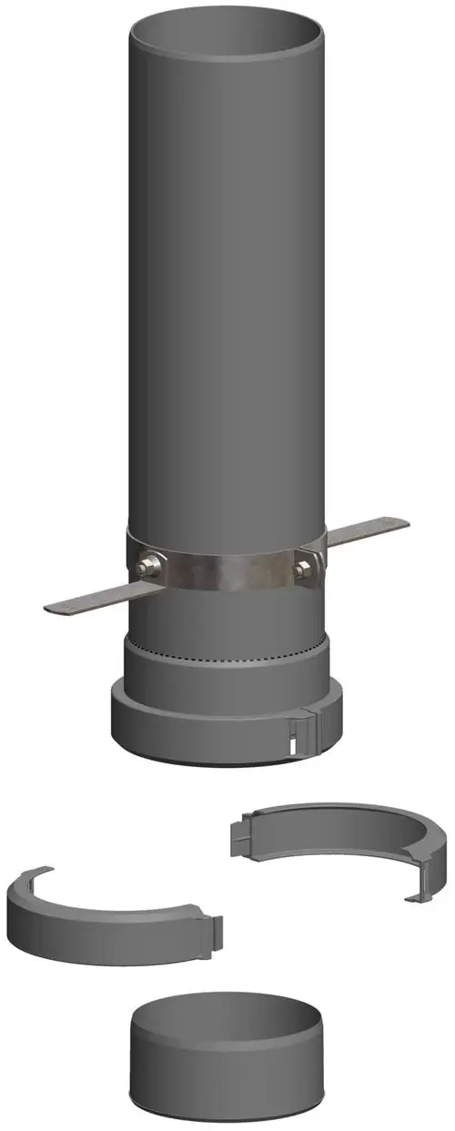 Montageset von ATEC mit einem flexiblen Rohr und Zubehörteilen für die Verbindung. Enthält Klemmen und eine untere Abdeckung für sicheren Anschluss.