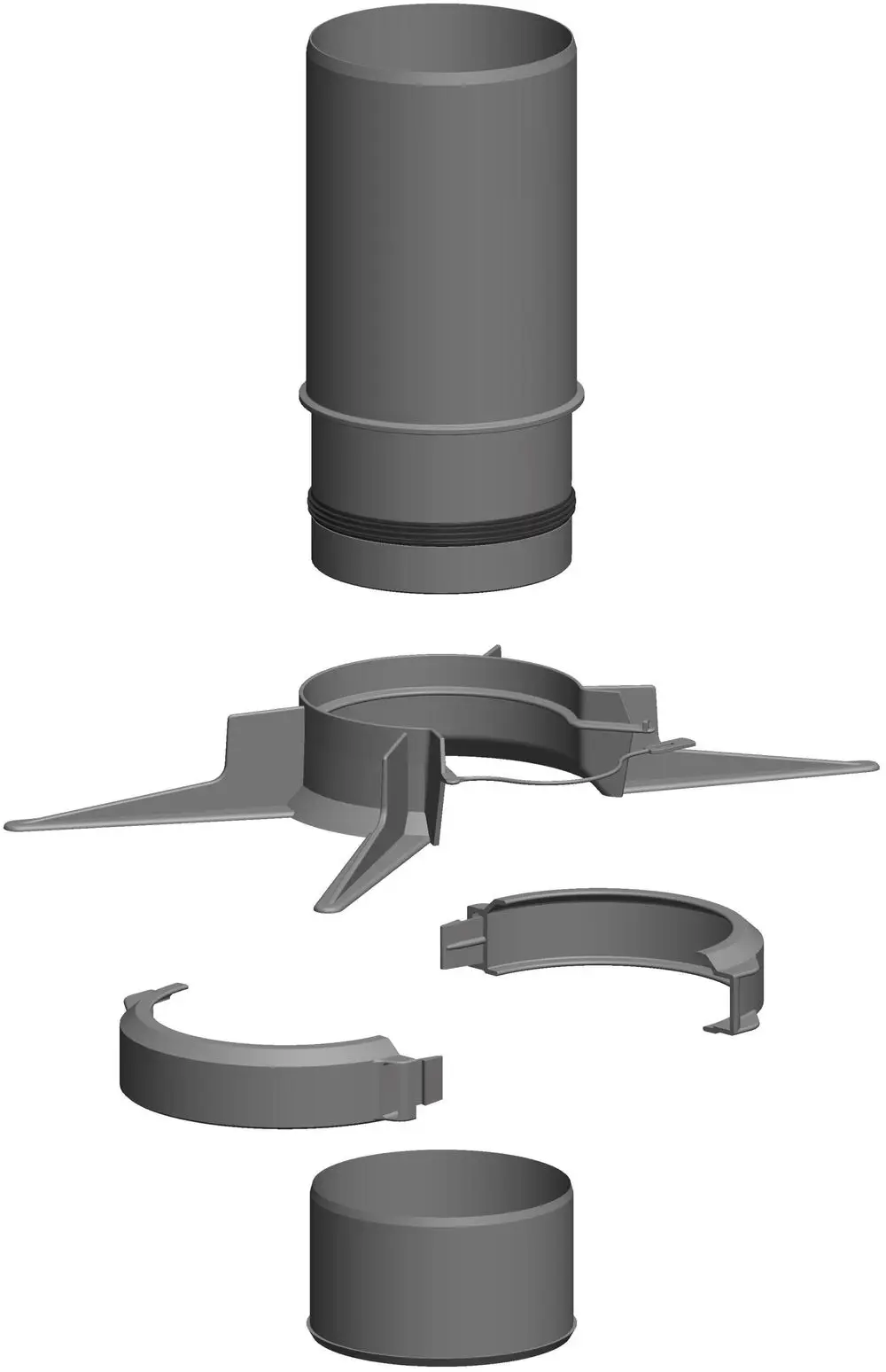 Montageset bestehend aus mehreren Komponenten zur Verbindung flexibler Rohre, gefertigt von ATEC. Enthält verschiedene Ringe und Halterungen zur Montage.