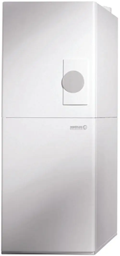 Weißer Kühlschrank mit einem runden Griff auf der Vorderseite, im modernen Design, stehend auf einem neutralen Untergrund.