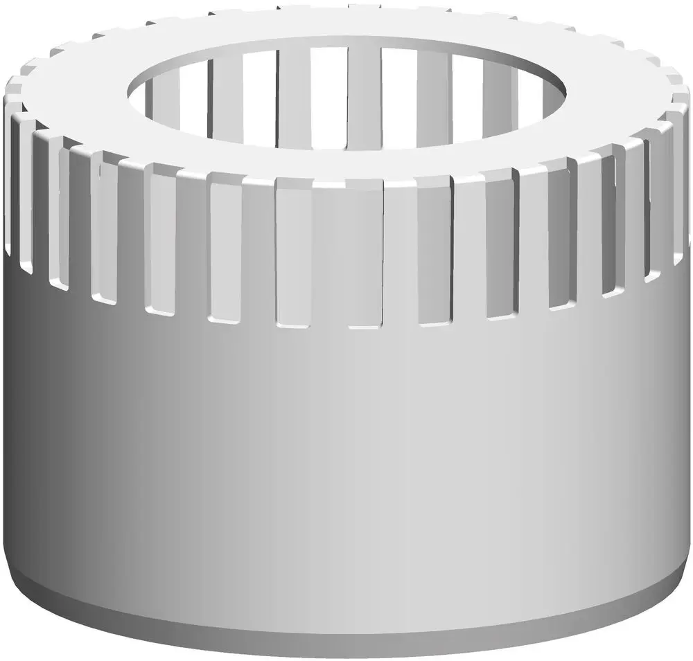 Weißes Zuluftgitter aus PP mit runder Form und lamellenartiger Struktur, im Hintergrund neutraler Farbton. Produkt von ATEC.
