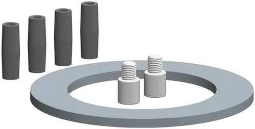 Zuluftansaugset von ATEC mit zwei hellen, gewinderten Bauteilen und mehreren dunklen, zylindrischen Elementen auf runder grauer Grundlage.