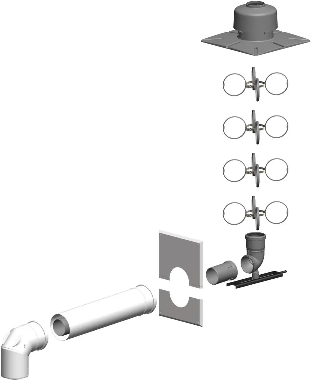 Montagezeichnung für ein Abgassystem von ATEC, das verschiedene Komponenten wie Rohre, Winkel und Halterungen zeigt, die für die Installation eines Schachts erforderlich sind.