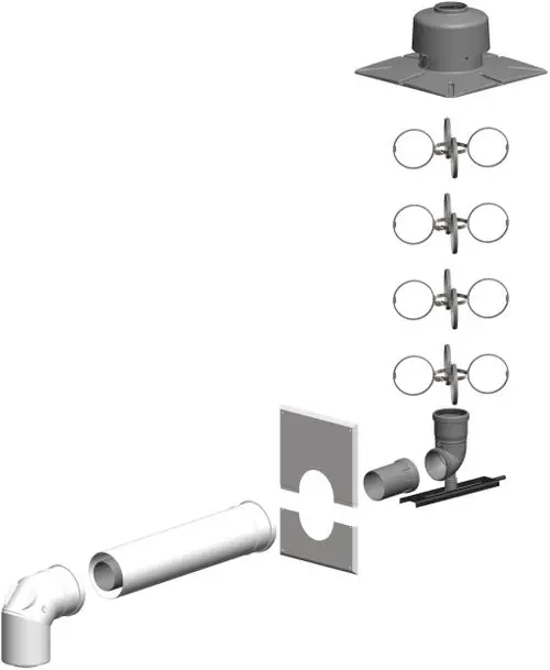 Montagezeichnung für ein Abgassystem von ATEC, das verschiedene Komponenten wie Rohre, Winkel und Halterungen zeigt, die für die Installation eines Schachts erforderlich sind.
