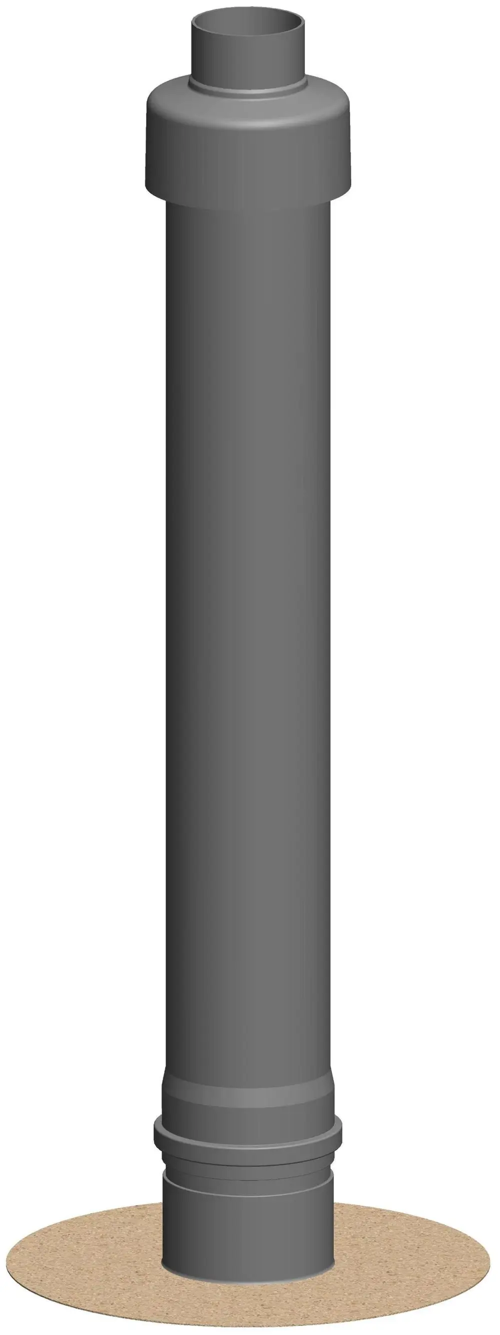 Graues vertikales Rohr mit runder Öffnung und schmalem Fuß, designed für den Abgasdurchgang. Produkt von ATEC, geeignet für Flachdächer.
