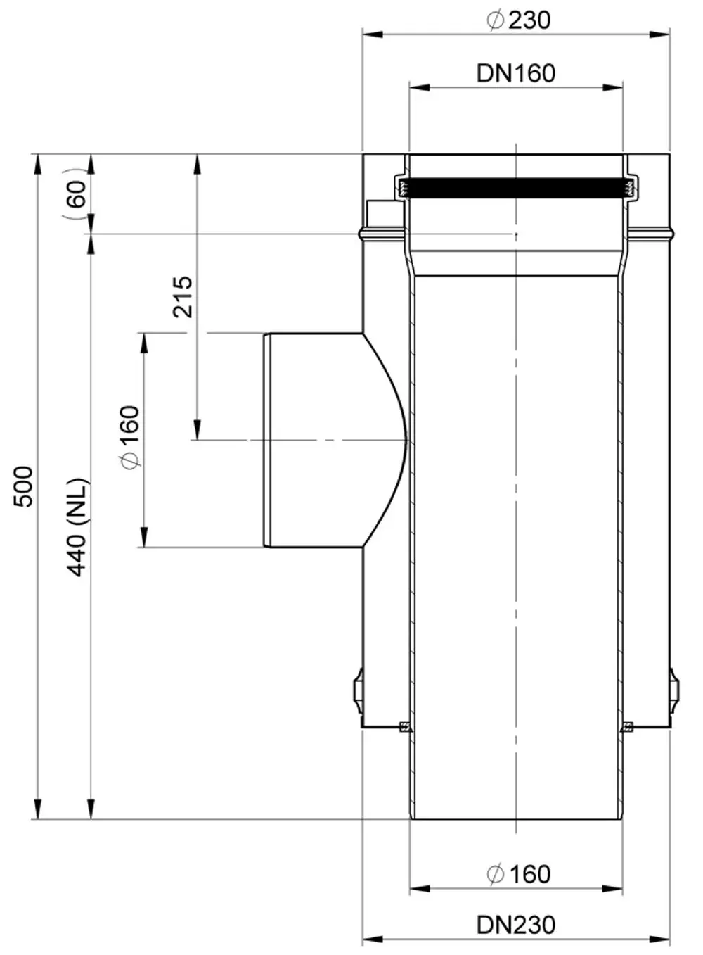 Zuluftelement von ATEC mit einem Verbindungsausgang in standardisiertem Design. Maßdarstellung und Schnittansicht zeigen relevante Abmessungen und Anschlüsse.